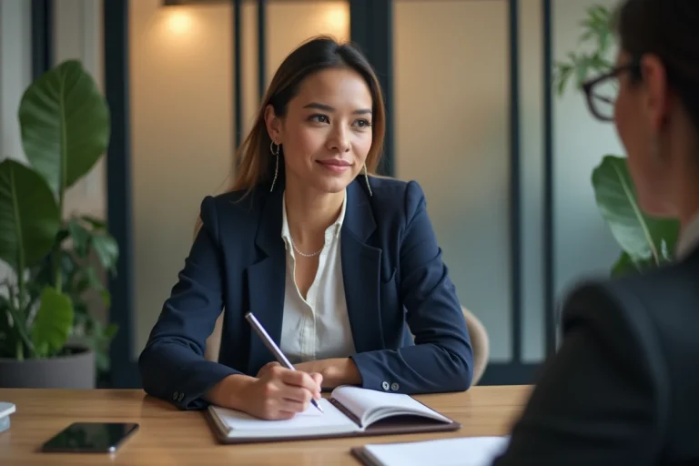 Femme professionnelle en entretien de coaching de carrière dans un espace de travail moderne