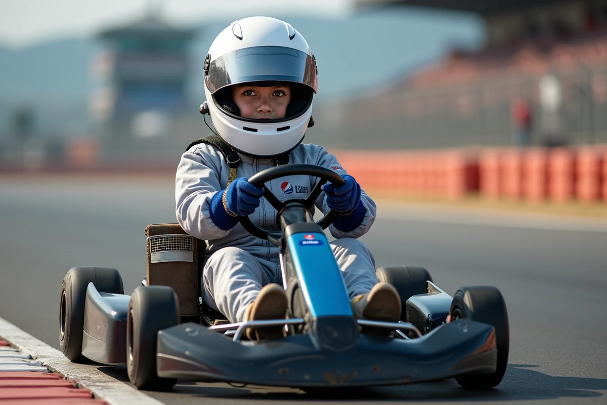 Adolescente au volant d'un kart sur circuit de compétition, casque et combinaison de pilotage, prête à prendre le départ