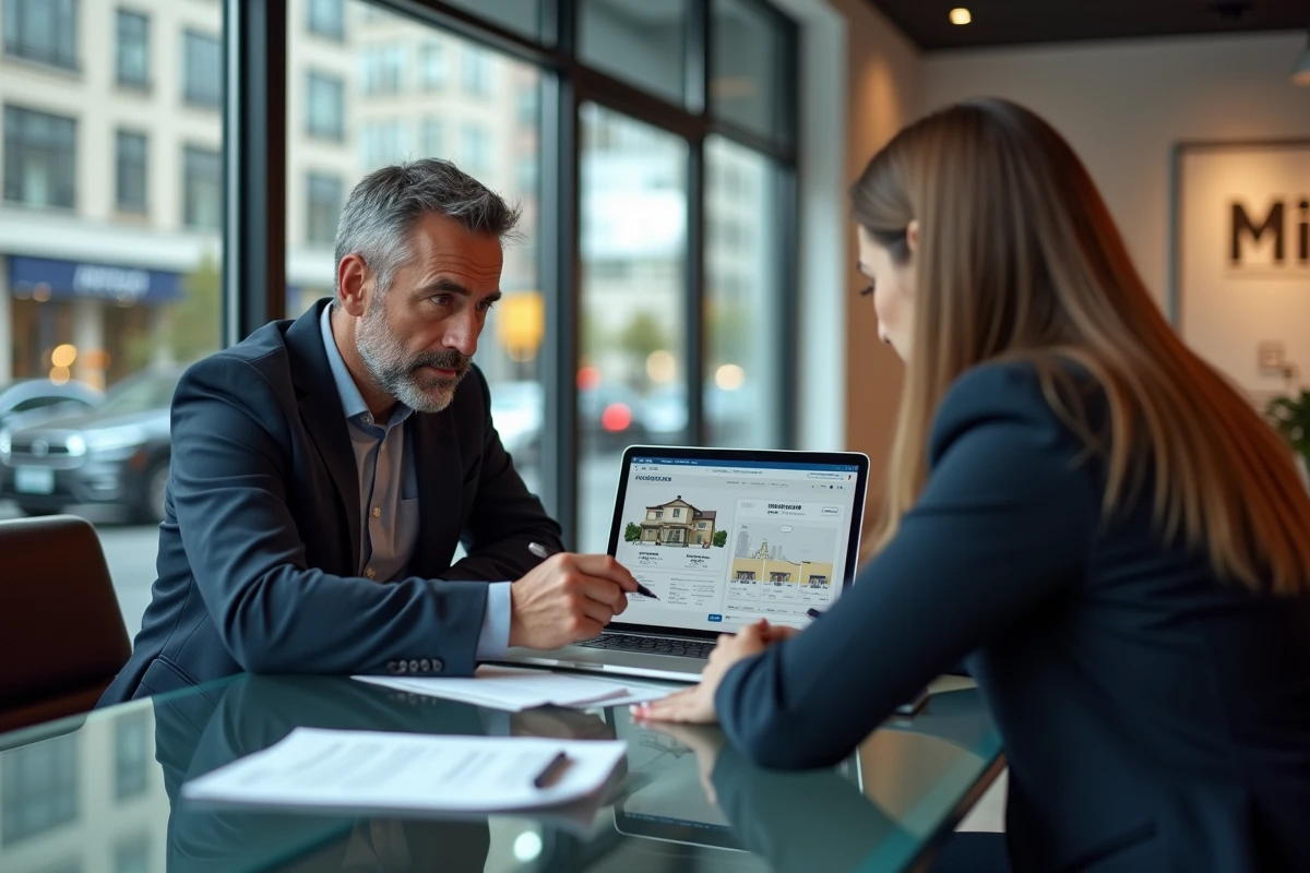 Agent immobilier présentant des annonces en ligne à une cliente dans une agence moderne