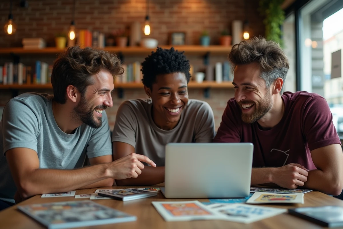 Trois amis discutant autour de jeux de société dans un café chaleureux