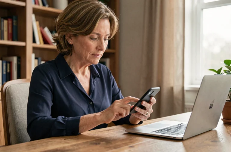 Femme utilisant une application bancaire Tarneaud sur smartphone pour une authentification simplifiée