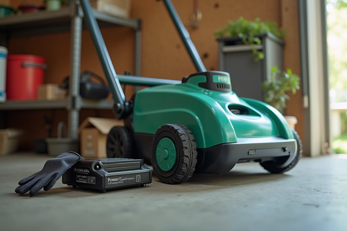 Gros plan sur la batterie lithium-ion et le compartiment d'alimentation d'une tondeuse électrique TECCPO dans un garage