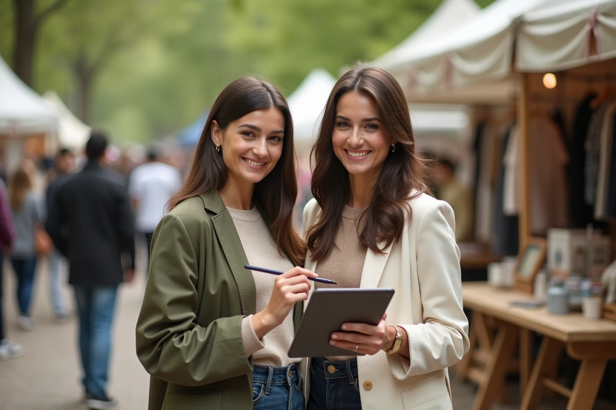 Duas blogueiras participando de um evento externo Graines de Blogueuses em 2024 consultando conteúdo em um tablet