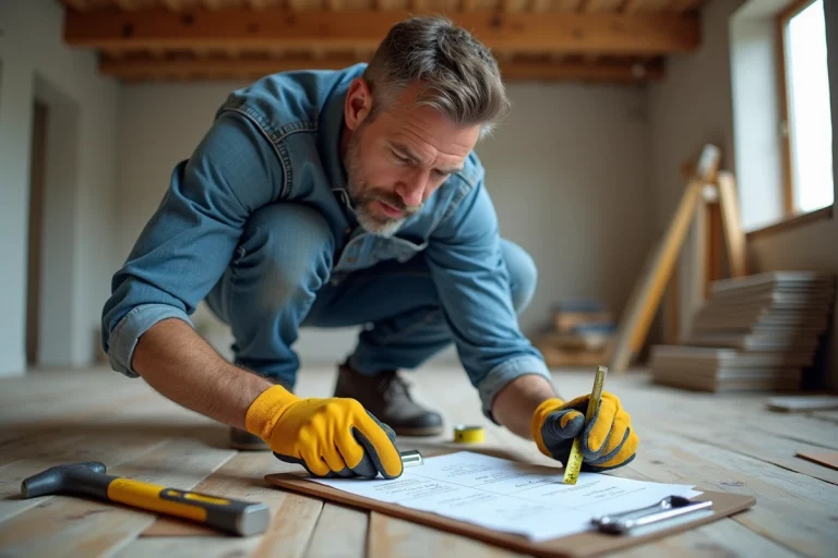 Bricoleur examinant une liste de matériaux et des outils dans une pièce en rénovation