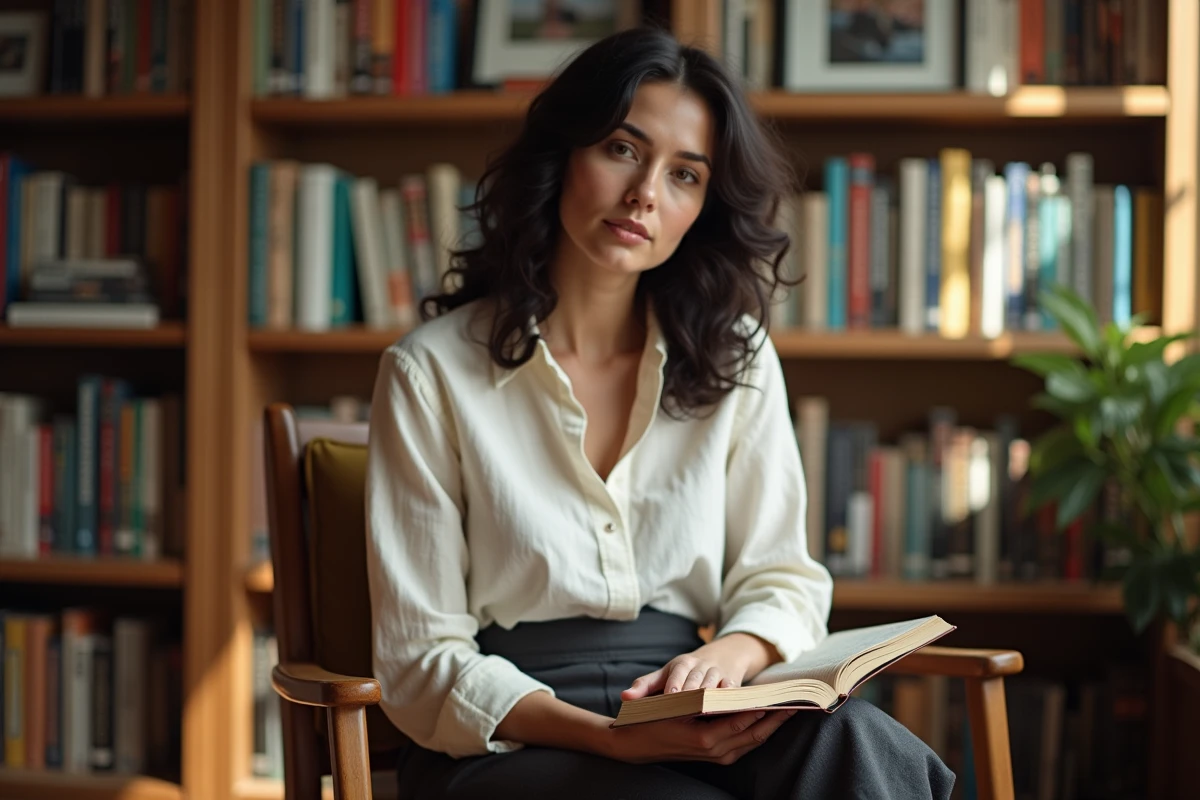 Femme en chemise en lin ivoire assise dans une bibliothèque chaleureuse tenant un livre ouvert, illustrant les secrets et la vie intérieure d'une personnalité