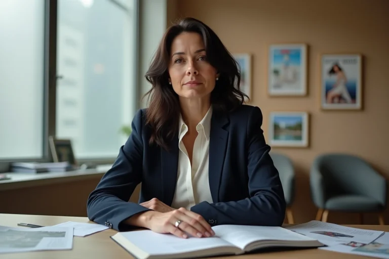 Portrait d'une femme confiante en veste marine assise à un bureau dans un bureau éditorial moderne, illustrant une révélation de carrière