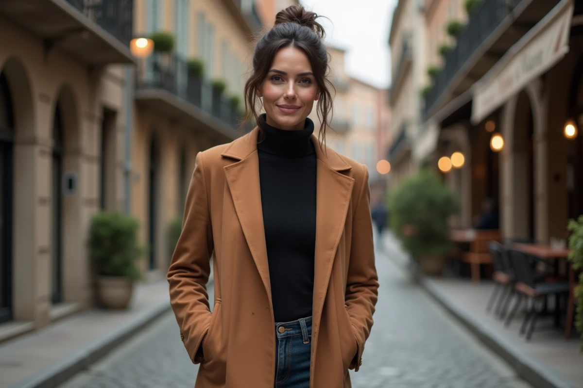 Femme aux cheveux bruns en manteau camel marchant dans une rue pavée européenne, évoquant la vie privée et les révélations personnelles