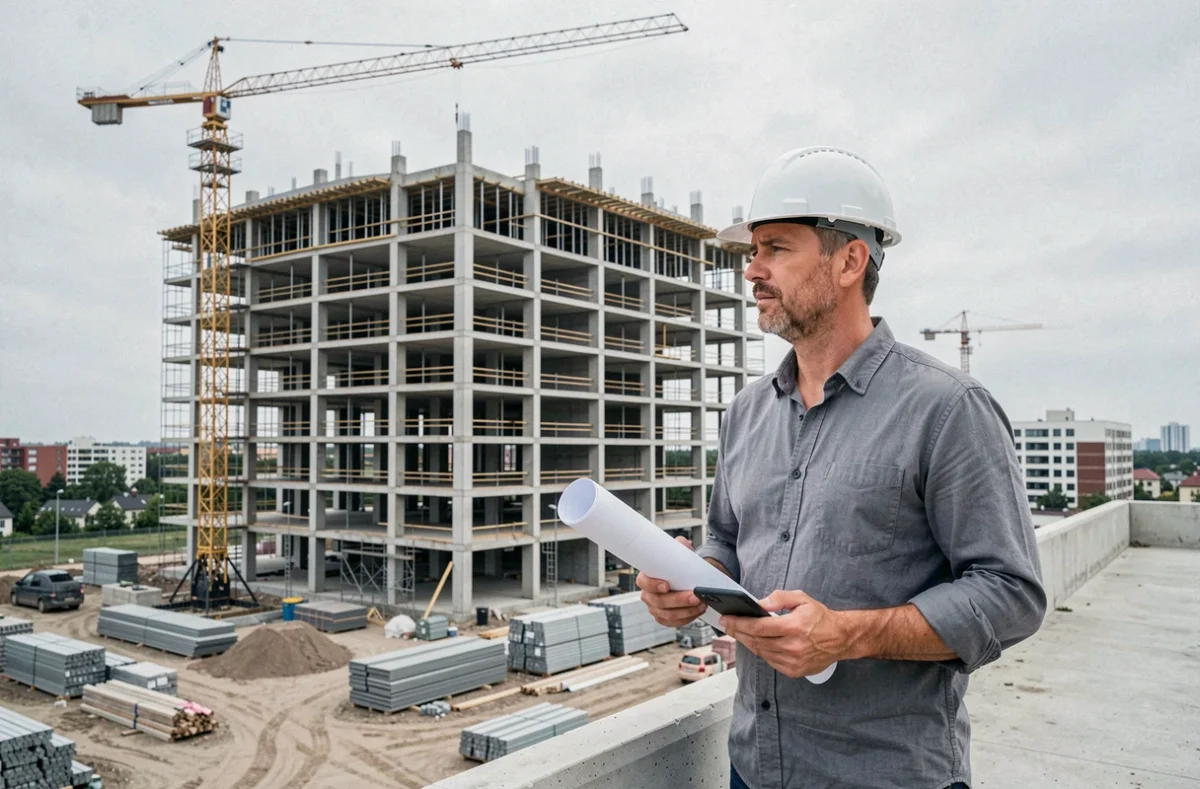 Homme avec casque de chantier observant un immeuble neuf en construction dans le cadre d'un achat VEFA
