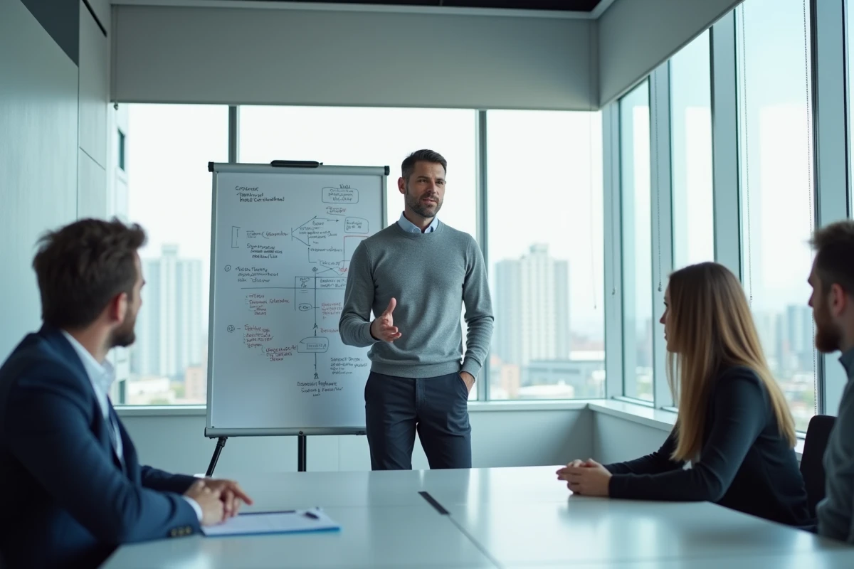 Coach professionnel présentant un plan de développement de carrière à une équipe en salle de formation