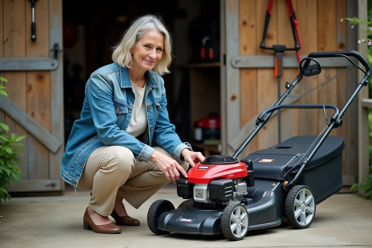 Femme comparant deux modèles de tondeuses sur une allée, examinant une tondeuse thermique à roues à côté d'un robot tondeuse