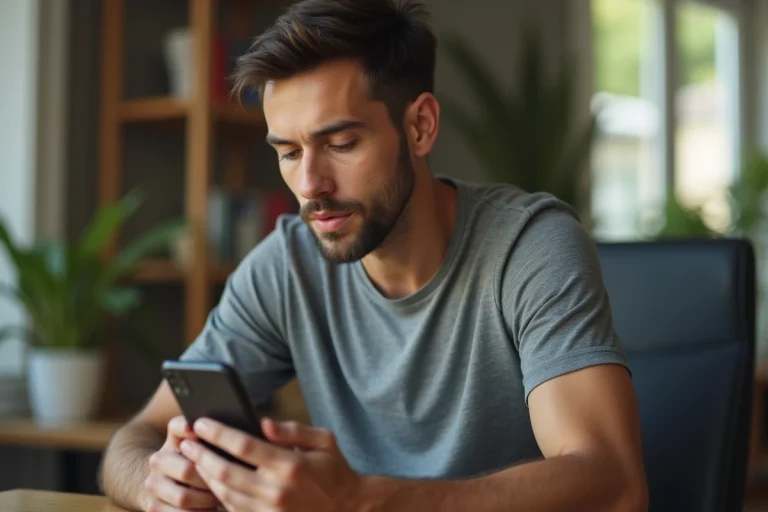 Homme configurant la messagerie vocale Free sur son smartphone dans un bureau à domicile