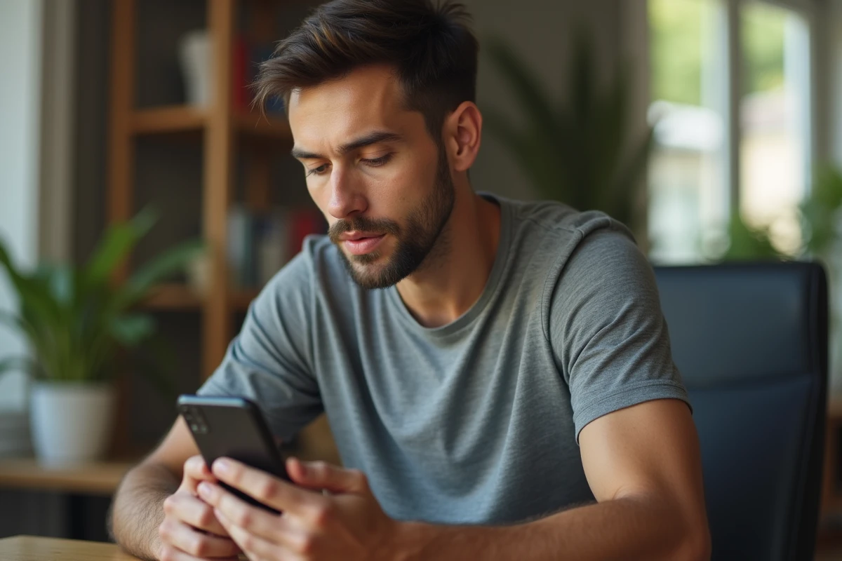 Homme configurant la messagerie vocale Free sur son smartphone dans un bureau à domicile