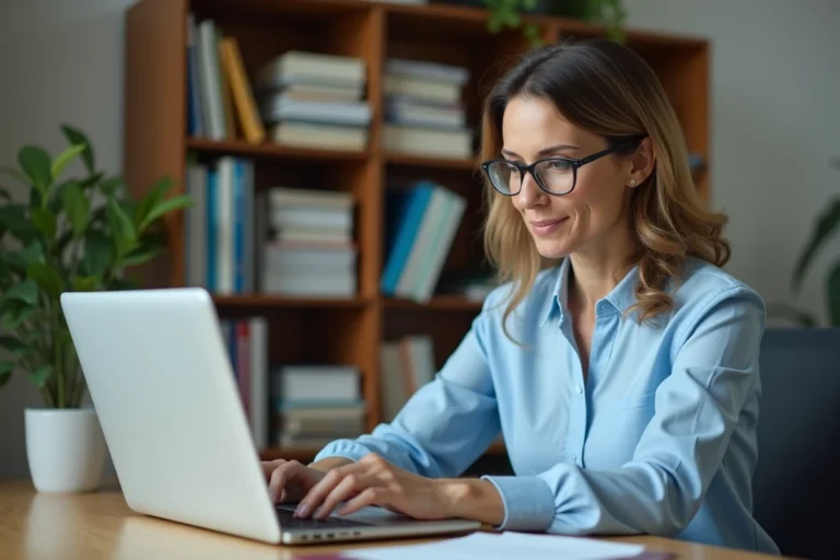 Femme enseignante connectée au webmail académique sur un ordinateur portable dans un bureau scolaire