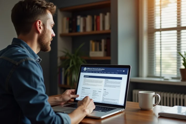 Homme consultant le portail ANTS sur un ordinateur portable avec un certificat de cession imprimé à la main