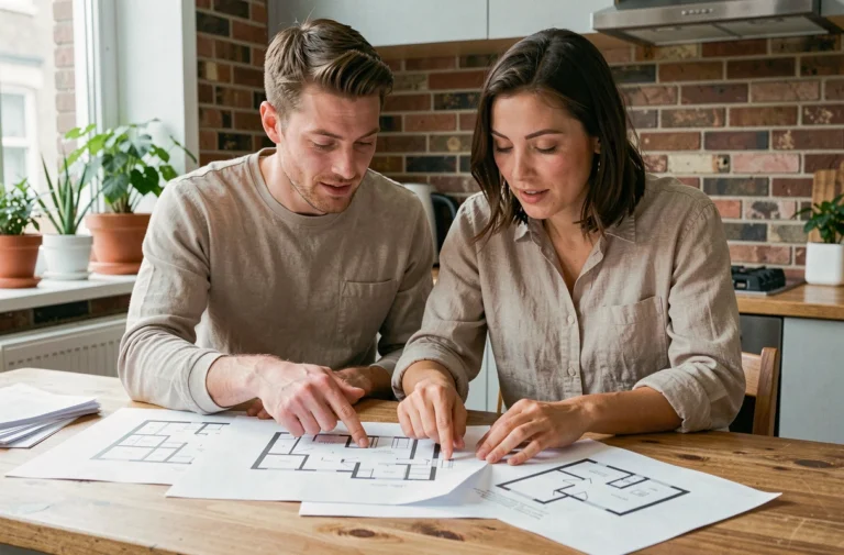 Couple examinant des plans immobiliers sur une table en bois dans un appartement moderne, projet d'achat immobilier