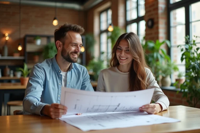 Couple souriant examinant plans dans un appartement lumineux