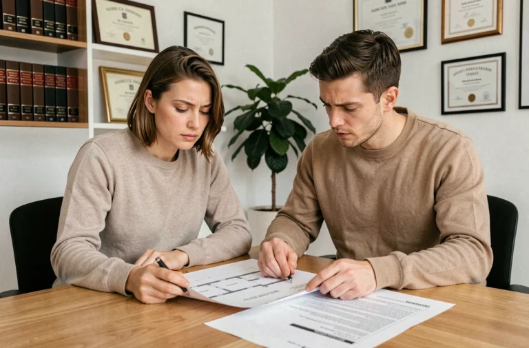 Couple examinant un contrat VEFA et des plans architecturaux dans un bureau de notaire moderne