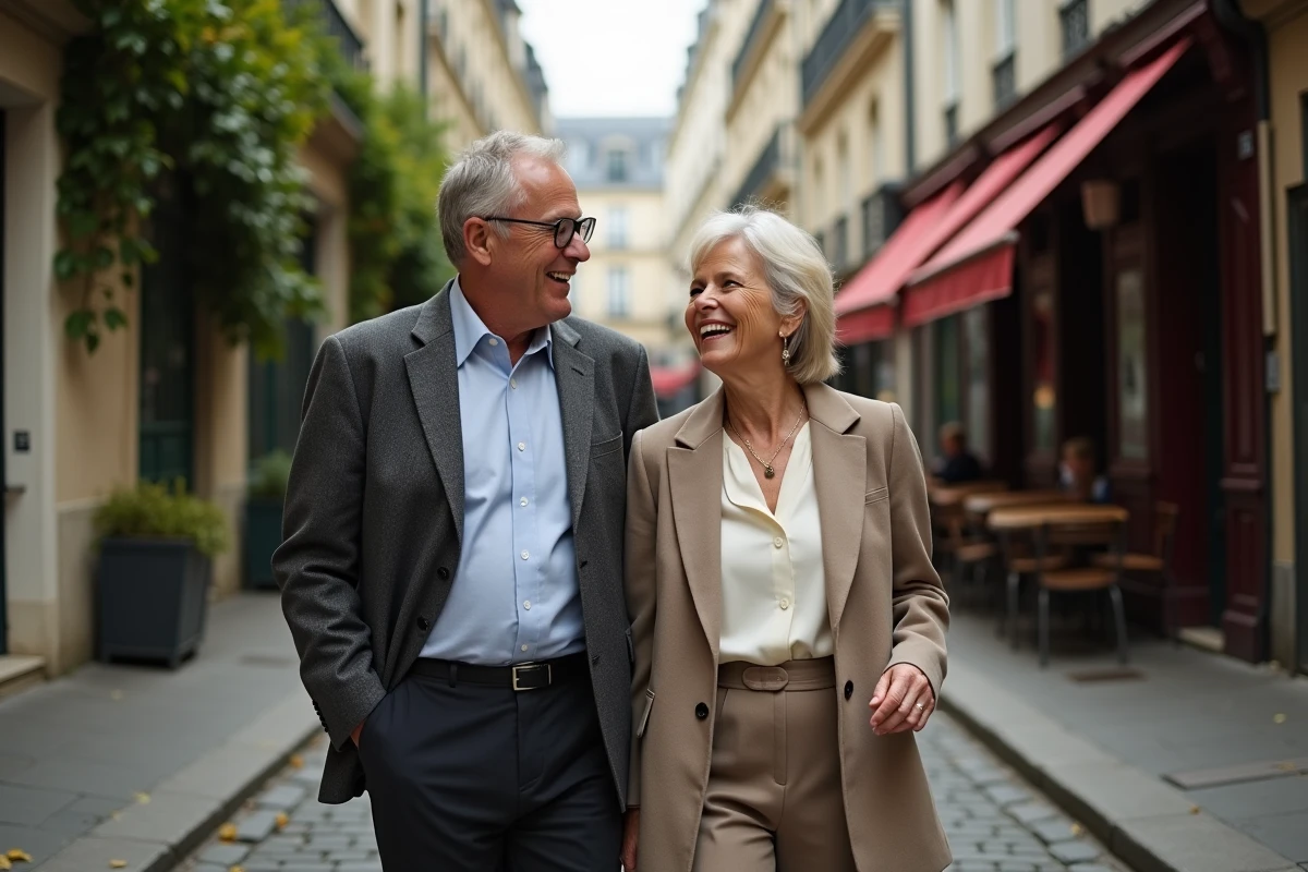 Casal elegante passeando em uma rua pavimentada de Paris em uma atmosfera intimista e autêntica