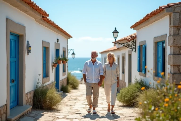 Couple souriant devant maison de pêcheur portugaise