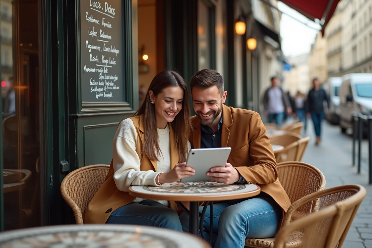 Couple cherchant un appartement à louer à Paris sur une tablette dans un café parisien typique avec terrasse