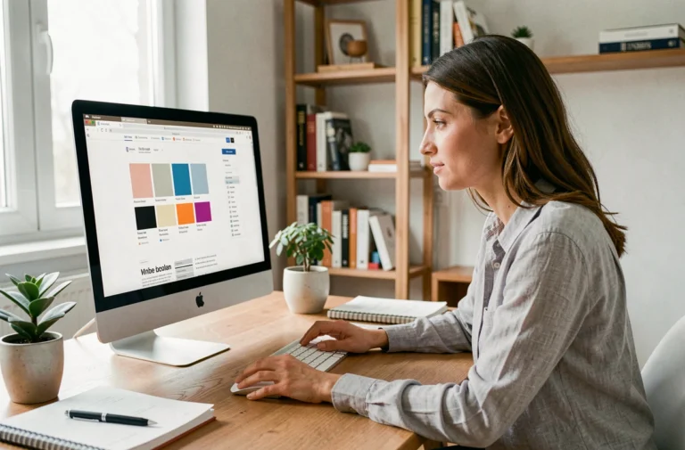 Une femme professionnelle en train de créer un site internet sur un iMac dans un bureau moderne et épuré