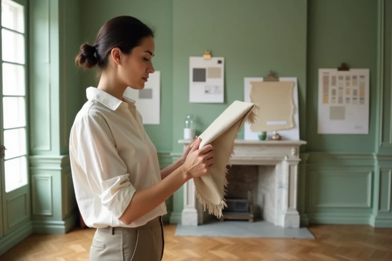 Femme décoratrice d'intérieur tenant un échantillon de tissu devant un mur vert sauge dans un appartement parisien avec parquet en chevrons et cheminée en marbre