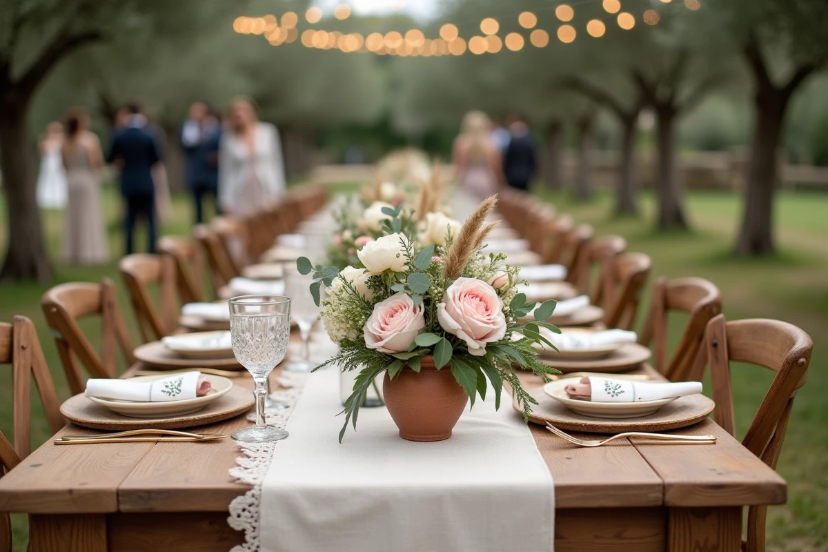 Table de réception de mariage en extérieur décorée de pivoines, roses et eucalyptus dans des vases en terre cuite, vaisselle crème et couverts dorés dans un jardin provençal