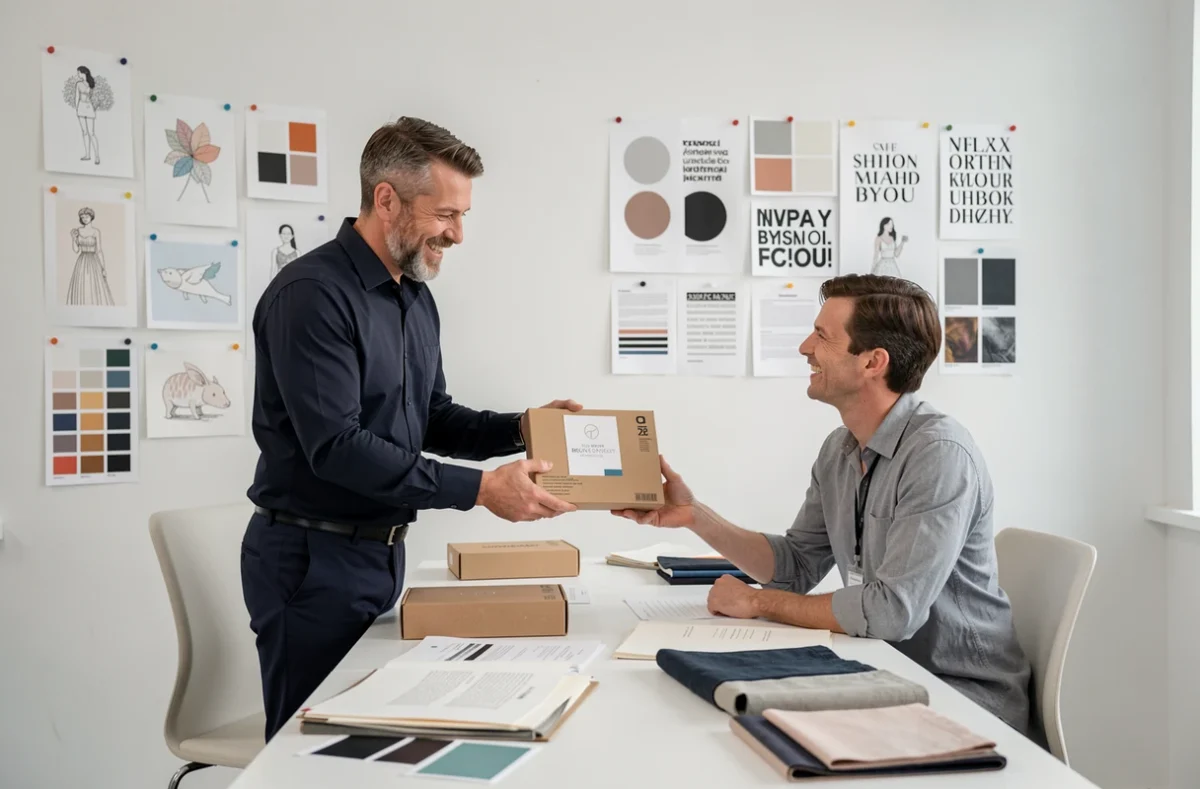 Designer présentant un produit personnalisé original à un client dans un studio de création moderne