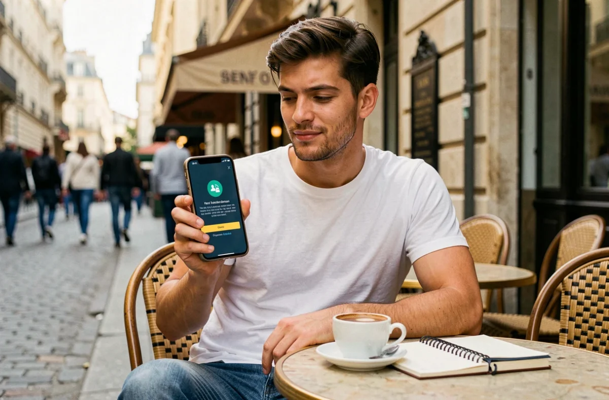 Jeune homme validant une authentification bancaire à deux facteurs sur son téléphone dans un café