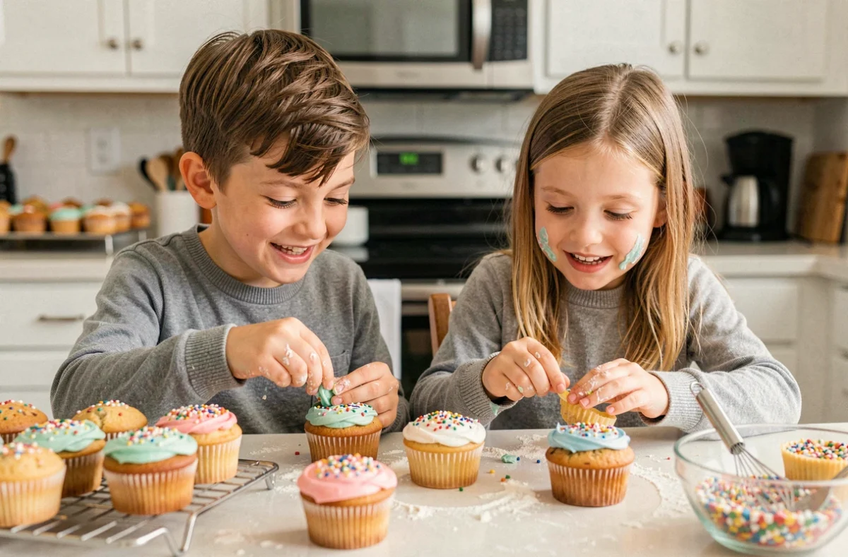 Enfants décorant des cupcakes maison avec du glaçage coloré et des sprinkles dans une cuisine familiale