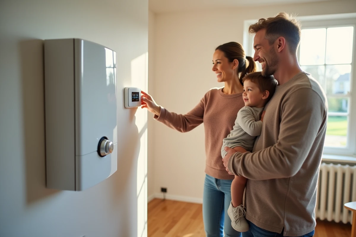 Famille souriante regardant un thermostat dans un salon lumineux