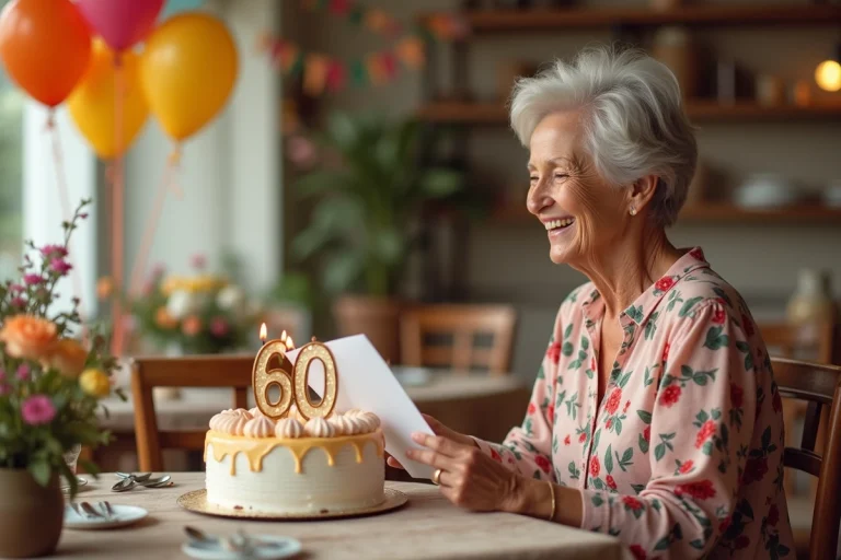 Femme de 60 ans qui rit en lisant une carte d'anniversaire humoristique entourée de ballons et d'un gâteau