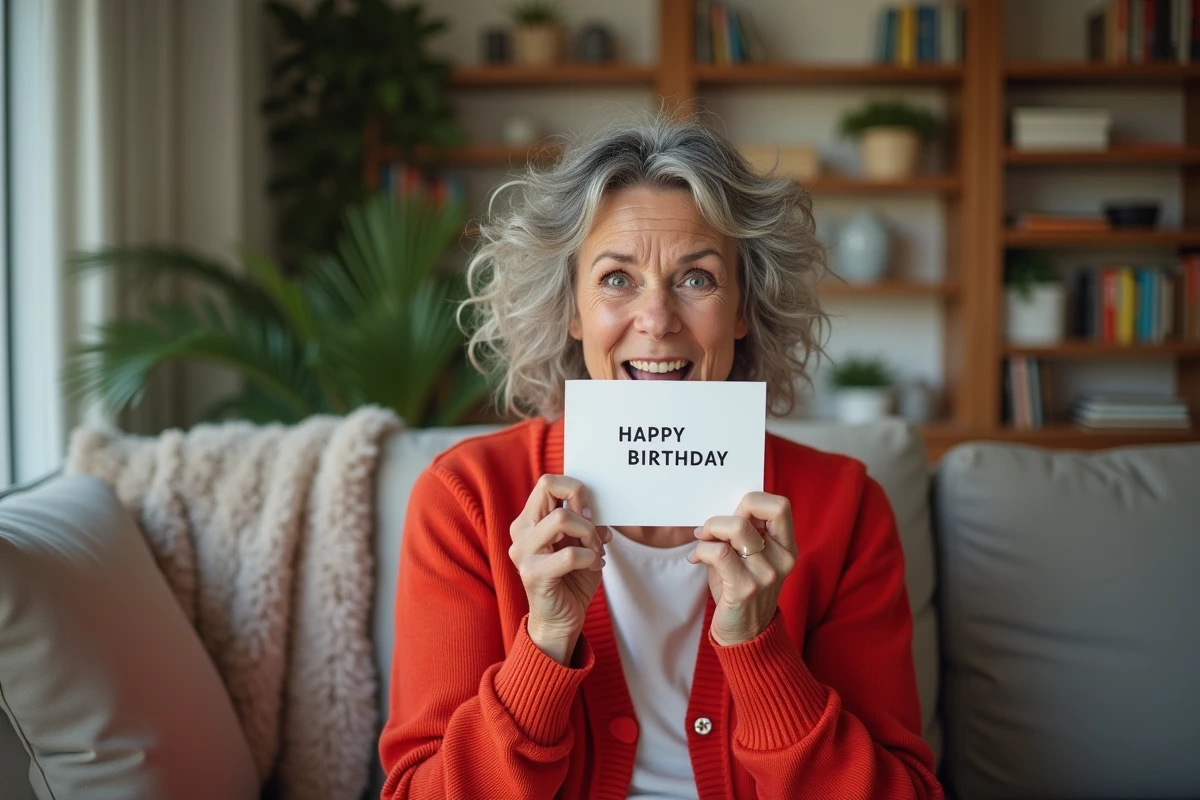 Femme de 60 ans tenant une carte d'anniversaire humoristique avec une expression amusée dans un salon chaleureux