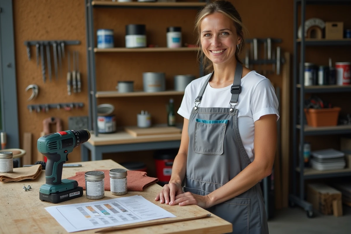 Femme bricoleur organisant des outils et comparant les prix de matériaux dans un atelier garage