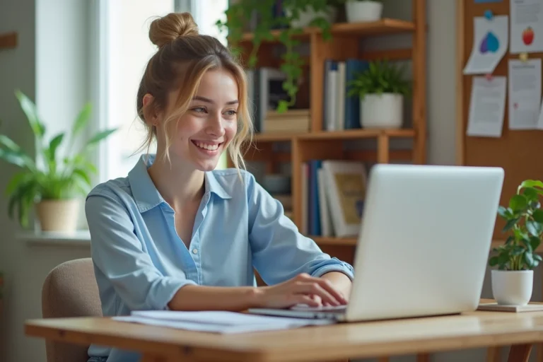 Jeune femme souriante travaillant sur son ordinateur à la maison