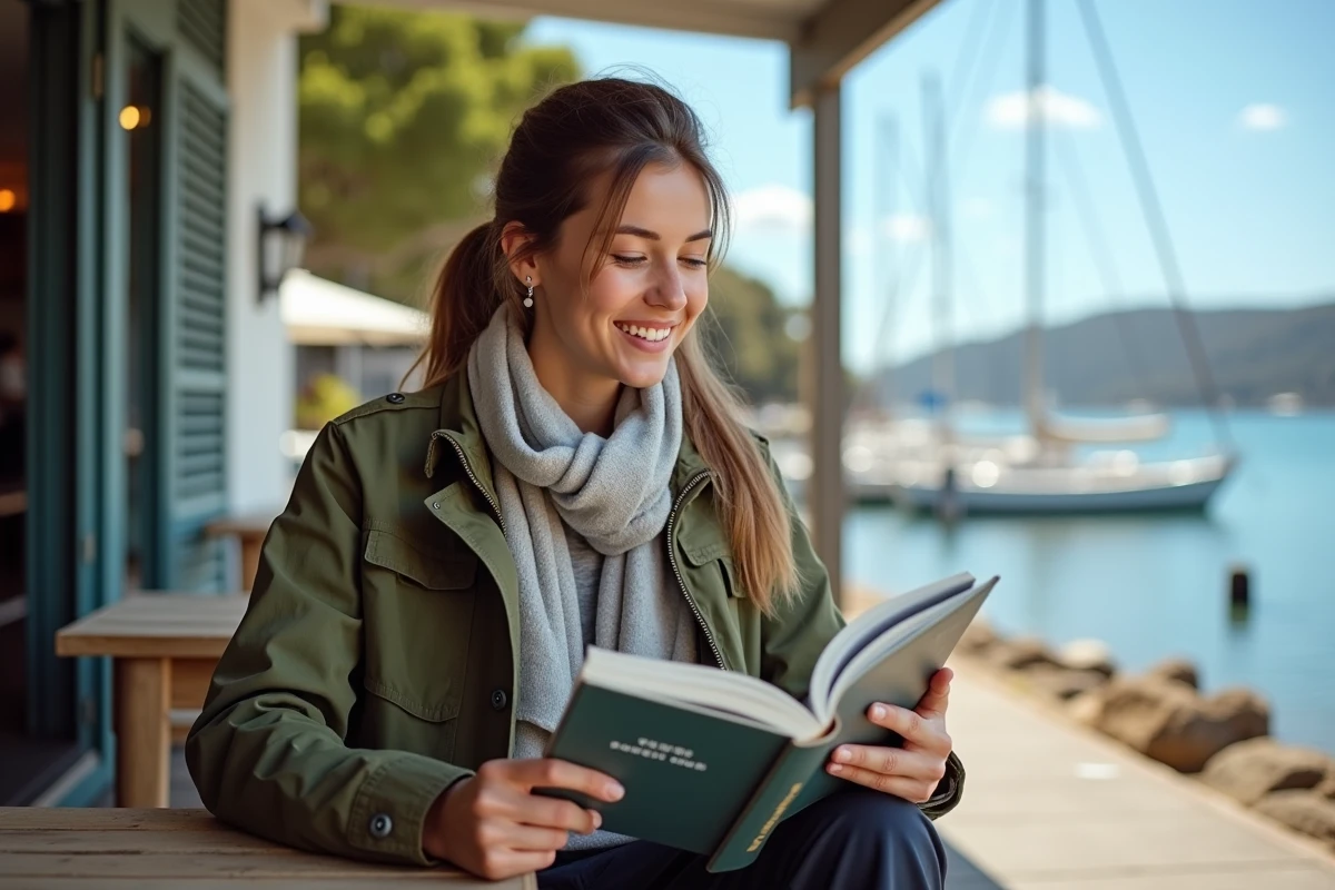 Jeune femme française au café au bord de l