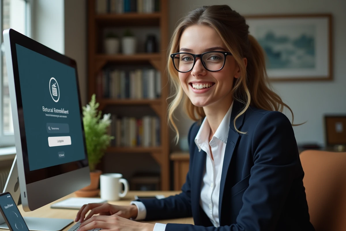 Jeune femme souriante se connectant au portail d habillement