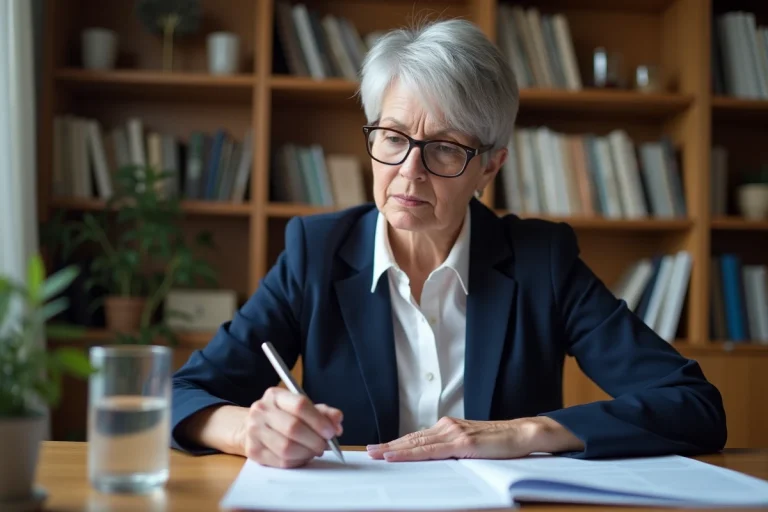 Femme de 55 ans consultant un contrat d'assurance vie à son bureau à domicile