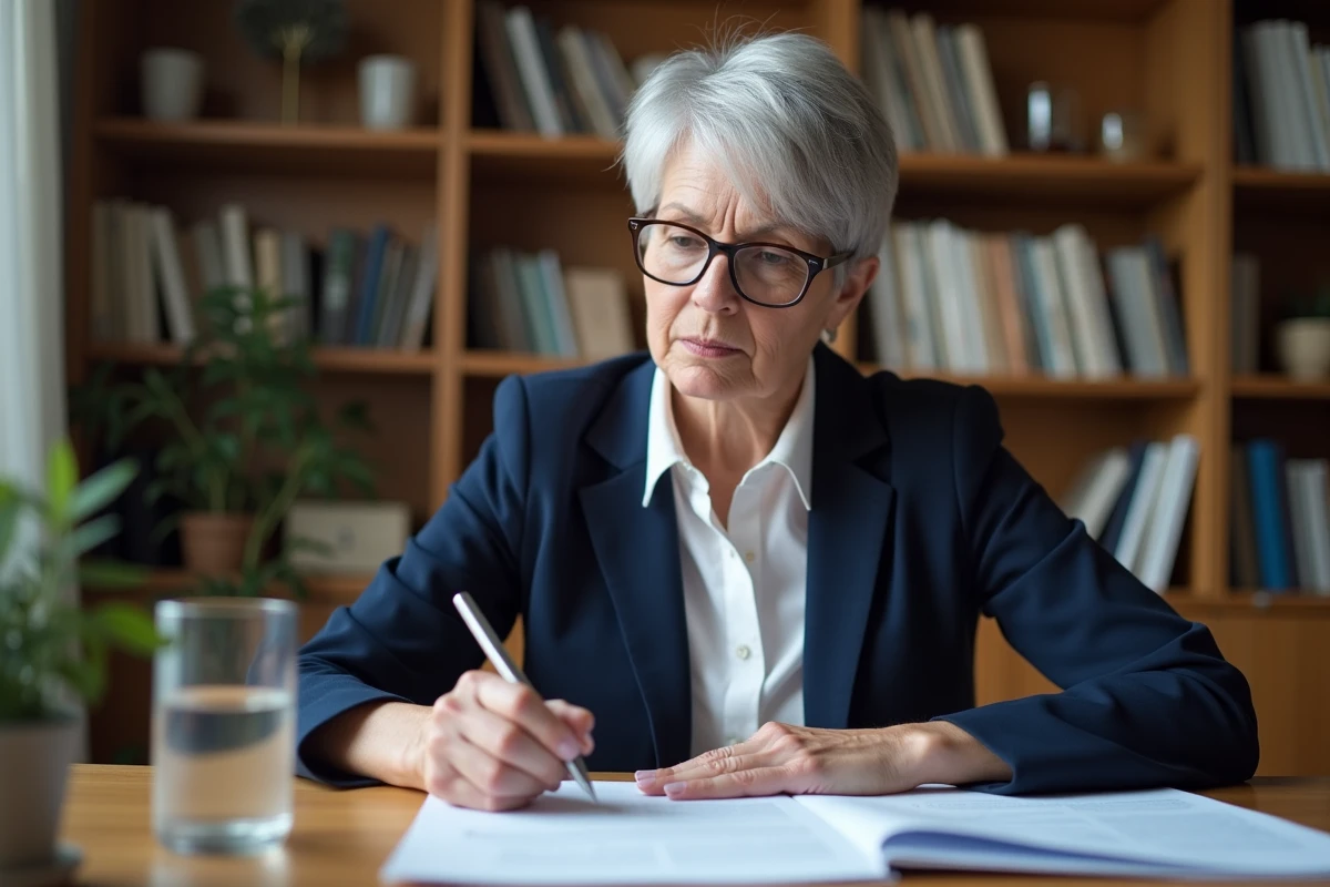 Femme de 55 ans consultant un contrat d'assurance vie à son bureau à domicile