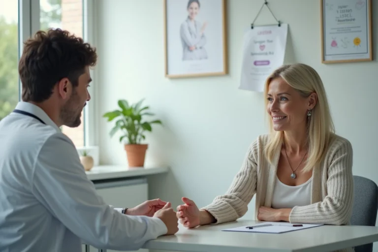 Femme souriante parlant avec un médecin en clinique moderne
