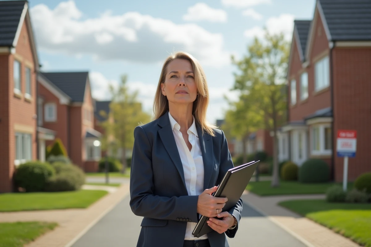 Femme confiante devant une maison en banlieue