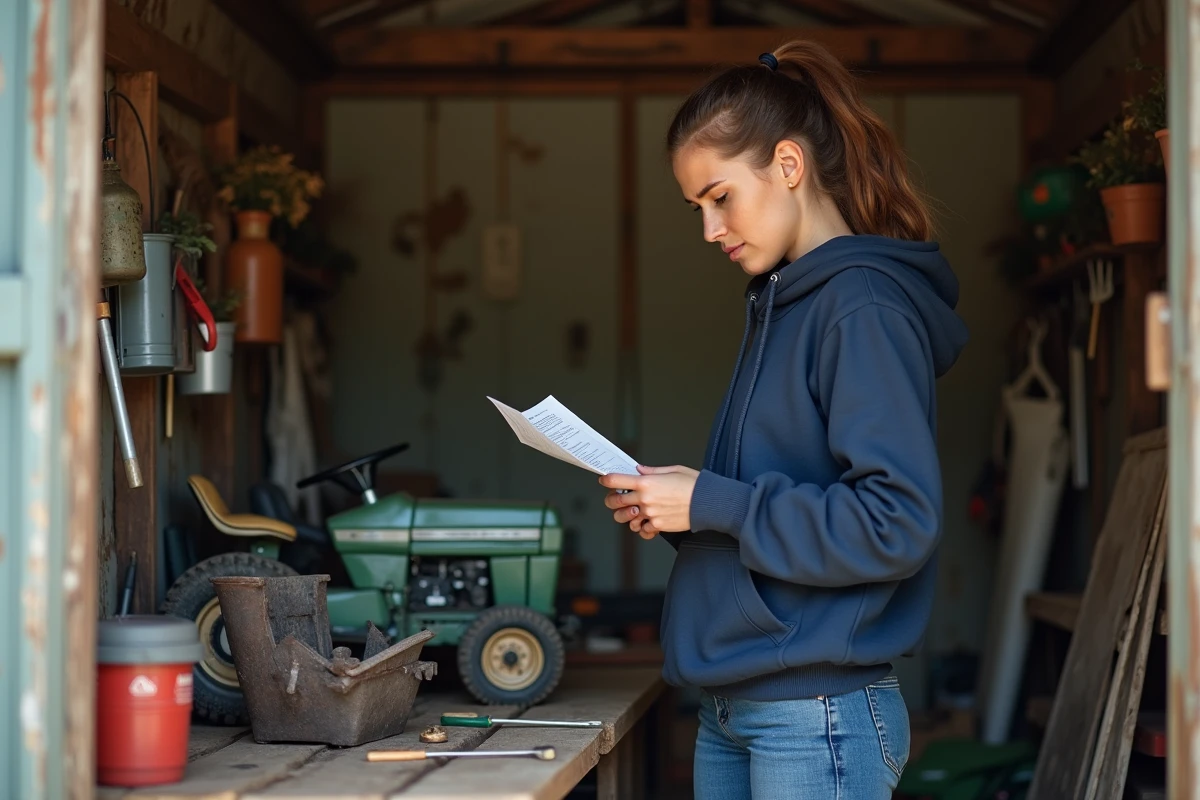 Jeune femme dans un atelier examinant un vieux tracteur
