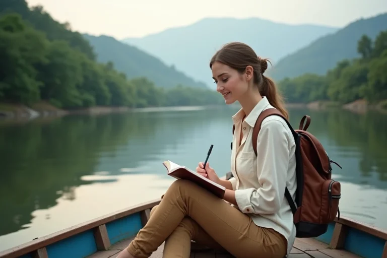 Femme en bateau au bord de la jungle avec journal