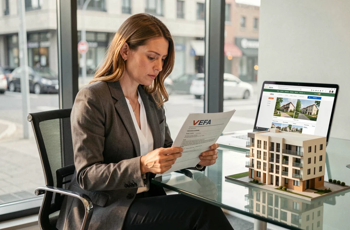 Femme lisant attentivement un contrat de vente en l'état futur d'achèvement dans une agence immobilière