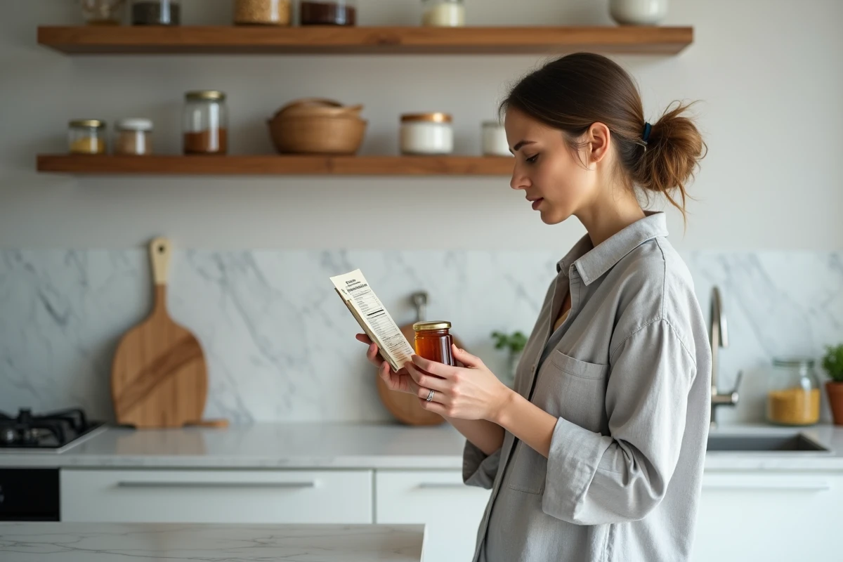 Femme lisant l'étiquette nutritionnelle d'un pot de miel dans une cuisine moderne, questionnant la place du miel dans un régime sans sucre