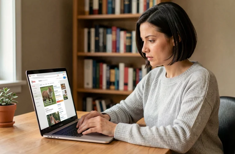 Femme naviguant sur la page sitemap d'un site de protection animale depuis son bureau à domicile