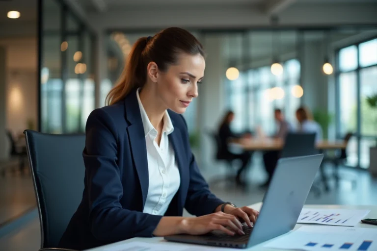 Femme professionnelle analysant des graphiques de croissance d'entreprise sur un ordinateur portable dans un bureau moderne et dynamique