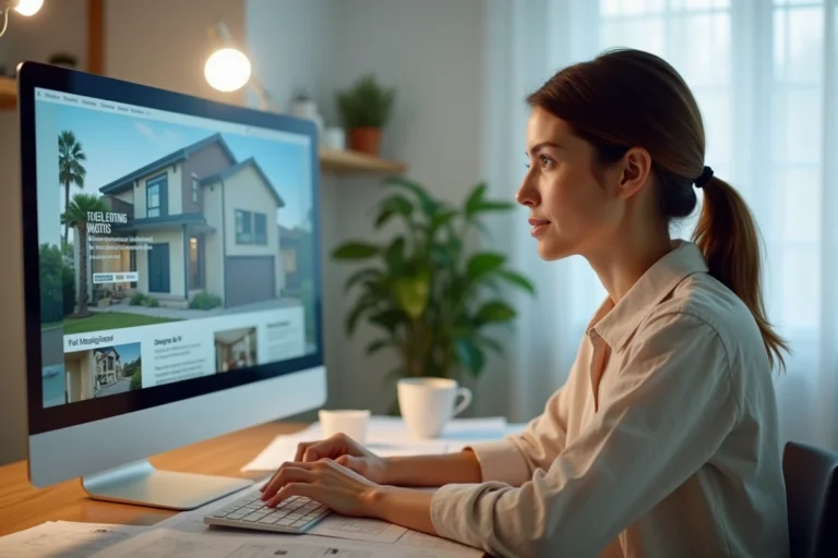 Femme consultant des annonces immobilières sur internet depuis son bureau à domicile