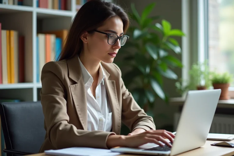 Jeune femme en bureau moderne recherche emploi en ligne