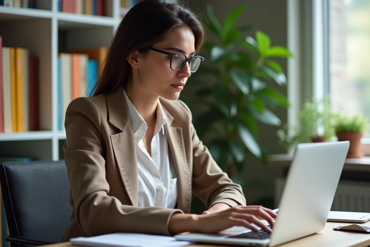 Jeune femme en bureau moderne recherche emploi en ligne